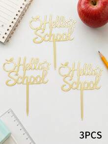 3/6/9入 金色鏡面 Hello School 壓克力蛋糕插牌，蘋果星星校園風蛋糕插飾，返校季烘焙用品，甜點桌裝飾，學生開學季派對裝飾禮物 - A - 查看 10