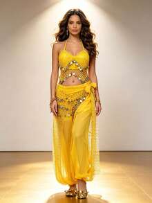 Banquet Dance Party Belly Dance Ornate Coin Sequin Halter Top With Waist Sash, Shimmer Dot Mesh Harem Pants For Themed Event And Stage Performance - Multicolor - View 12
