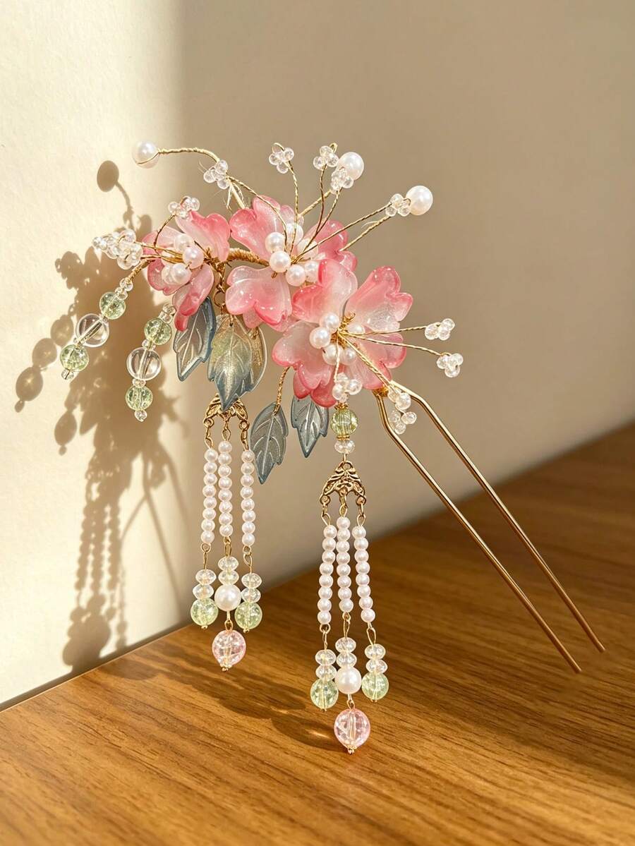 1pc Gradient Pink Glass Flower Pearl Tassel U-Shaped Hair Stick, Luxury Wedding Dress Hair Accessory, Bridal Hair Bun Holder - Multicolor - View 1