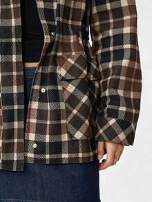 Women's Plaid Jacket, Brown Long Sleeve Zip Up Shirt Jacket With PU Leather Collar, Casual Fall Autumn Outerwear - Brown - View 4