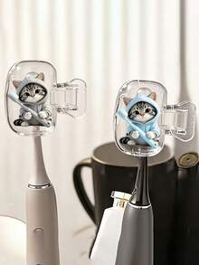 Cute Cat Pattern Travel Toothbrush Head Protective Cover, Kitten Hugging Toothbrush Cup, Transparent Travel Toothbrush Storage Box, Toothbrush Head Protective Clip, Toothbrush Dust-Proof Protective Cover, Portable Design Easy To Carry, Dual-Hole Design For Convenient Drainage And Ventilation, Dust-Proof Lid, Suitable For Couples, Friends, Family, Teachers, Travel Enthusiasts As Gifts, Essential For Home, Dorm, Vacation, Suitable For Birthday, Back To School, Business Trip, Return To School And Other Occasions, Clean And Care For Your Oral Health, Family Gift. - Multicolor - View 1