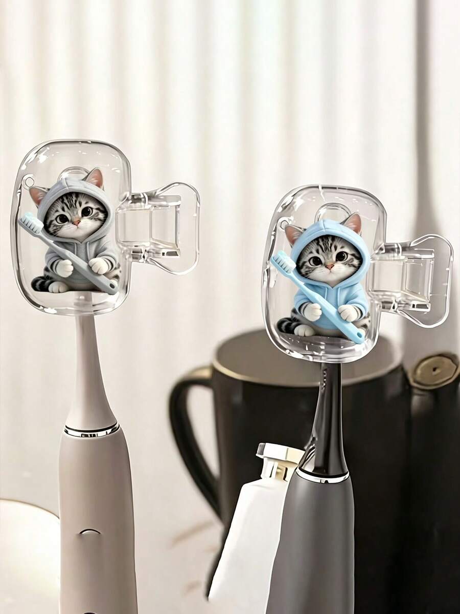 Cute Cat Pattern Travel Toothbrush Head Protective Cover, Kitten Hugging Toothbrush Cup, Transparent Travel Toothbrush Storage Box, Toothbrush Head Protective Clip, Toothbrush Dust-Proof Protective Cover, Portable Design Easy To Carry, Dual-Hole Design For Convenient Drainage And Ventilation, Dust-Proof Lid, Suitable For Couples, Friends, Family, Teachers, Travel Enthusiasts As Gifts, Essential For Home, Dorm, Vacation, Suitable For Birthday, Back To School, Business Trip, Return To School And Other Occasions, Clean And Care For Your Oral Health, Family Gift. - Multicolor - View 1