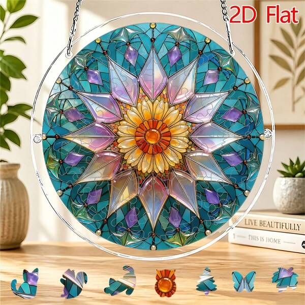 2D Acrylic Puzzle Sun Catcher, 83 Pieces, Blue Green Glass Sunflower Starburst Theme Sun Catcher Puzzle, Home And Garden Decor, Suitable As Christmas, Thanksgiving, Anniversary, Birthday And Halloween Gifts.