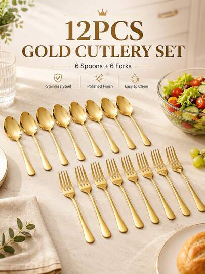 Luxurious 12pcs Dining Set With Effortless Cleaning Smooth Texture Brilliant Gold Cocina Accesorios For Elegant Housewives Long-Lasting House Essentials Perfect For Afternoon Tea And Romantic Dinners Dessert Spoons Forks Kitchen Accessories