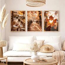 3 piezas de arte de pared en lienzo de tonos cálidos y neutros de otoño, impresiones de paisaje otoñal con café de París, puente de madera, corazón y hoja de arce, decoración acogedora estilo cottagecore para sala de estar, dormitorio, cocina, dormitorio universitario, pasillo, decoración vintage de otoño para el hogar, pósteres, sin marco - 840 - Ver 7
