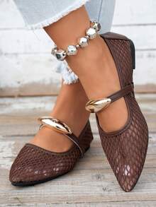 Pointed Toe Breathable Mesh Flat Ballet Shoes With Minimalist Metal Decor Nude Color Korean Style Daily Outing Shallow Mary Jane Shoes - Brown - View 2