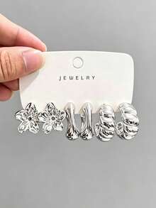 6/18pcs Luxury Shiny Silver Flower Stud Earrings Set, Versatile Daily Wear Multi-Style Ear Jewelry - Multicolor - View 7