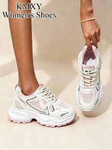 女款厚底增高運動鞋，春秋款 INS 修身防滑輕量透氣網布休閒跑步運動鞋 - 粉色 - 查看 3