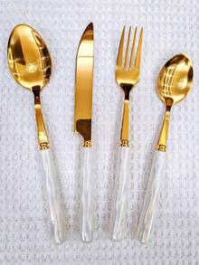 4/24pcs Elegant Ceramic Handle Stainless Steel Cutlery Set, Including Steak Knife, Fork, Dessert Spoon, Soup Spoon, Unique Design Suitable For Home, Restaurant, Kitchen, Daily Dining, Party And Holiday Gathering - Gold - View 3