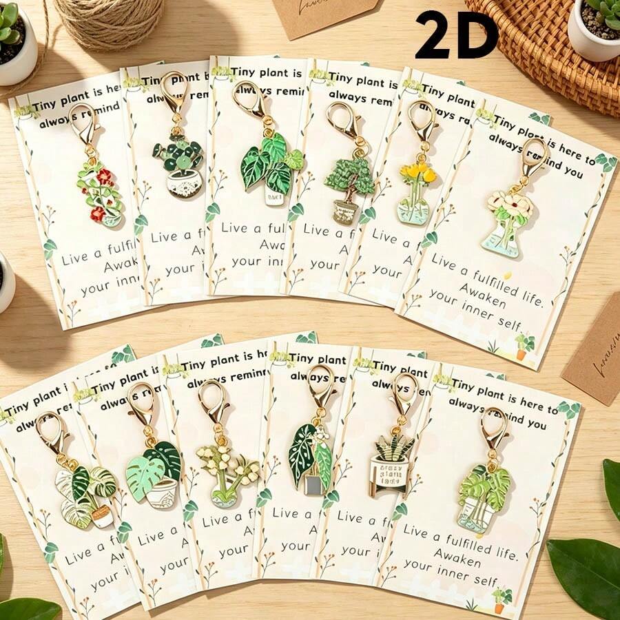 Set Gantungan Kunci Tanaman Pot Lucu Isi 12 Buah dengan Kartu Ucapan Penyemangat Positif, Cocok untuk Ransel, Belajar, Motivasi Kemajuan Kerja, Hadiah Pendukung - MultiWarna - View 1