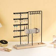1pc Metal Detachable Jewelry Display Stand With Wooden Base, Suitable For Earrings, Necklaces, Pendants, Desktop Storage Box, Ideal For Gifts Or Commercial Use, Perfect For Valentine's Day And Christmas Gifts - Log Base + Single Rod Double Door - View 4