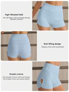 Women's Light Blue High Waist Side Slit Twist Knot Fitness Running Yoga Shorts, Side Hollow Cross V Waist Anti-Roll Up Fitness Riding Sports Summer - Baby Blue - View 3