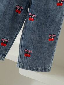 2pcs Baby Girl Spring/Autumn Set, Pastoral Style All-Over Cherry Ditsy Floral Long Sleeve Top With Embroidered Denim Jeans, Lightweight - Apricot - View 8
