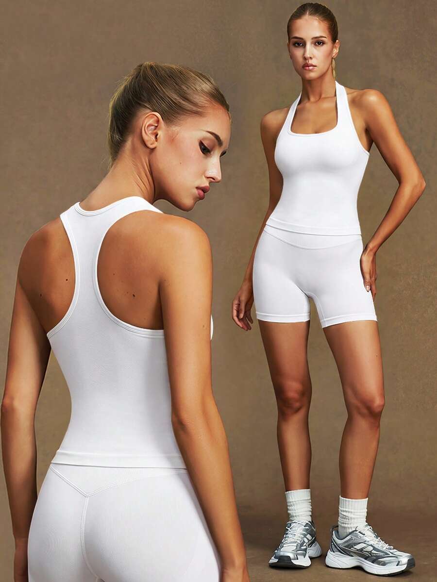 VVX Women Halter Neck Yoga Tank Tops Racerback Removable Pads Sexy Backless Workout Gym Top Casual Solid Color Soft For Gym Daily Wear
