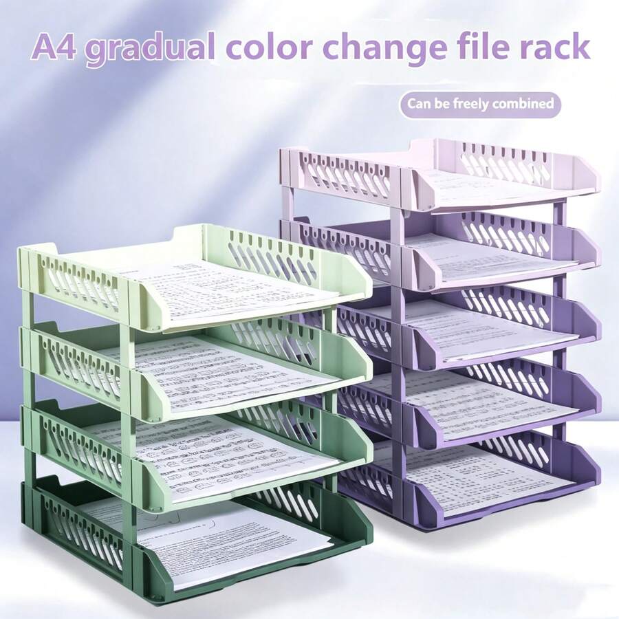 Foldable Plastic File Rack, 3-Tier And 4-Tier Gradient Color Foldable File Tray, Stackable Letter Tray File Organizer Storage Rack, Transparent Desktop File Organizer, Suitable For School Office Home, File Storage Basket Office Desktop Accessories - Gradient File Disk - View 1