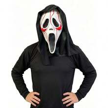 1 pièce Masque de visage de fantôme sanglant avec capuche noire, masque en latex de tête complète avec taches de sang rouge d'horreur criant, taille adulte, cosplay d'horreur d'Halloween, maison hantée, accessoire de fête de mascarade - Multicolore - Voir 4