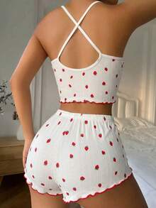 Conjunto de pijama de camisola & shorts con estampado de fresas para mujer, diseño de tirantes cruzados en la espalda, lindo & sexy - Blanco - Ver 2