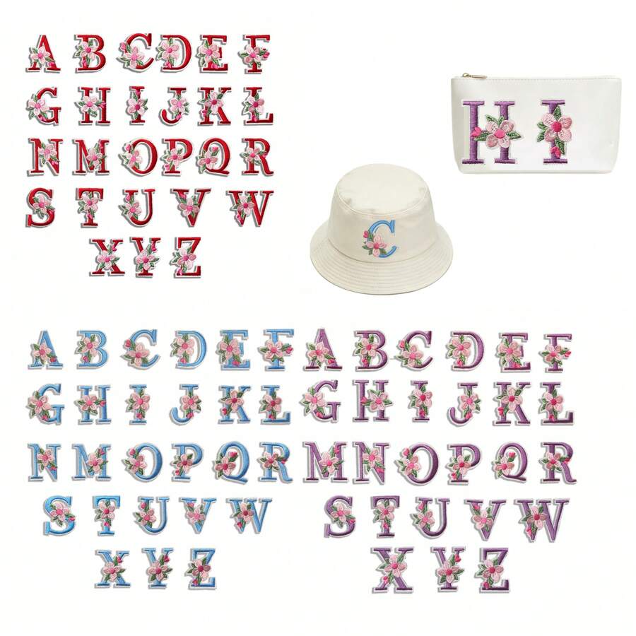 1/26pcs Computer Embroidered Floral Multi-Color English Letter A-Z Badge Patch, Clothing Accessory Decorative Patch With Back Adhesive Embroidery Fabric - Multicolor - View 1