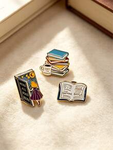 1/3pcs Women's Brooch, Creative Book-Shaped Metal Brooch Set, Bookworm Series Enamel Brooch 3 Pieces Set, Personalized Ins Style Book Decoration, Fun Text Coffee Cup Badge, Teacher Accessory, Best Friend Gift, Student Versatile Pin, Personalized Backpack Accessory - Multicolor - View 2