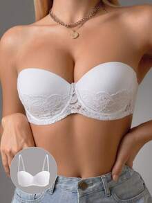 Detachable Strap Bandeau Lace Bra, Double Row Back Hook Firm Support And Push-Up, Versatile Women's Lingerie - White - View 5