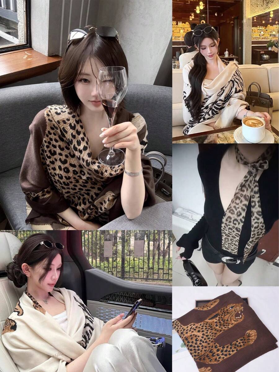 1pc 3-Color Women's Retro Leopard Print Shawl, Luxury Maillard Style Long Shawl Scarf Suitable For Women And Girls Daily Commute, Travel, Vacation, Beach Photography, Party, Gathering, Bag Scarf, Silk Scarf, Bow Tie, Hair Scarf, Neck Scarf, Suitable For Spring, Summer, Winter And Autumn - Multiple Styles Of Leopard Print - View 1