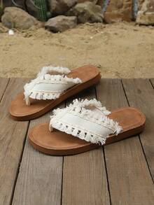 Cremefarbene gewebte Zehentrenner-Sandalen mit Quasten und Fransen, Vintage-braune flache Sohle, böhmischer Urlaubsstil, lässige Strandsandalen - Weiss - Übersicht 6