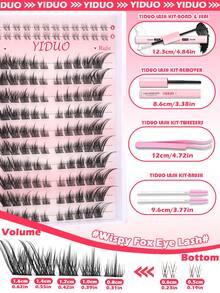 YIDUO 114pcs Fox Eye Cluster False Eyelashes Set, Pre-Separated Left And Right Single Clusters LC Curl Fluffy Dense DIY Eyelash Extension Kit, Includes Adhesive And Sealer, Remover, Tweezers, Eyelash Brush, Reusable, Suitable For Daily, Party, Holiday Makeup, Beginner Friendly - Multicolor - View 2