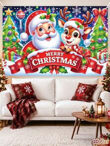 1Pc Christmas Backdrop Cloth With Santa Claus&Reindeer&Christmas Tree Design, Merry Christmas Hanging Background Cloth, Photo Booth Backdrop, Party Backdrop Banner, Backdrop Decoration, Christmas Decoration, Xmas Decor, Home Decor - Christmas a - View 4