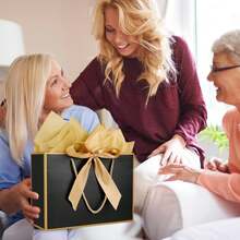 Juego de 5/10/15 bolsas de regalo, incluye 1 bolsa de regalo, 2 papeles de seda, 1 tarjeta y 1 cinta, bolsa de embalaje de compras portátil, bolsa tote con lazo decorativo, adecuada para boda, fiesta de cumpleaños, vacaciones, negocios, manualidades, al por menor - Oro negro - Ver 6
