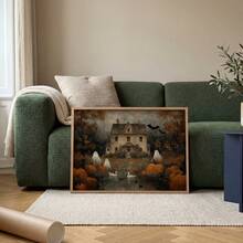 1 pieza Impresión en lienzo de arte de pared de casa embrujada de Halloween sin marco, póster de paisaje primitivo de otoño con calabaza, decoración rústica de granja de otoño para apartamento, sala de estar, dormitorio, dormitorio universitario, regreso a la escuela, pósteres divertidos, decoración vintage, regalo único - Casa embrujada - Ver 4