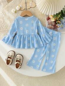 2pcs Baby Girl Fresh Daisy Print Bow Flare Long Sleeve Top And Pants Set, Thin Mori Style - Baby Blue - View 3