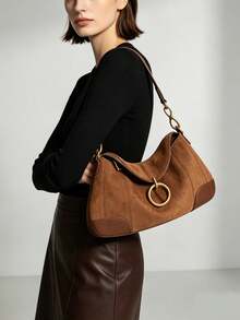 1pc Camel Color Suede Patchwork Shoulder Bag, Niche Design Underarm Bag, Round Pendant Handbag, Fashion Commute Vintage Texture Women's Bag, Daily Casual Clutch - Camel - View 2
