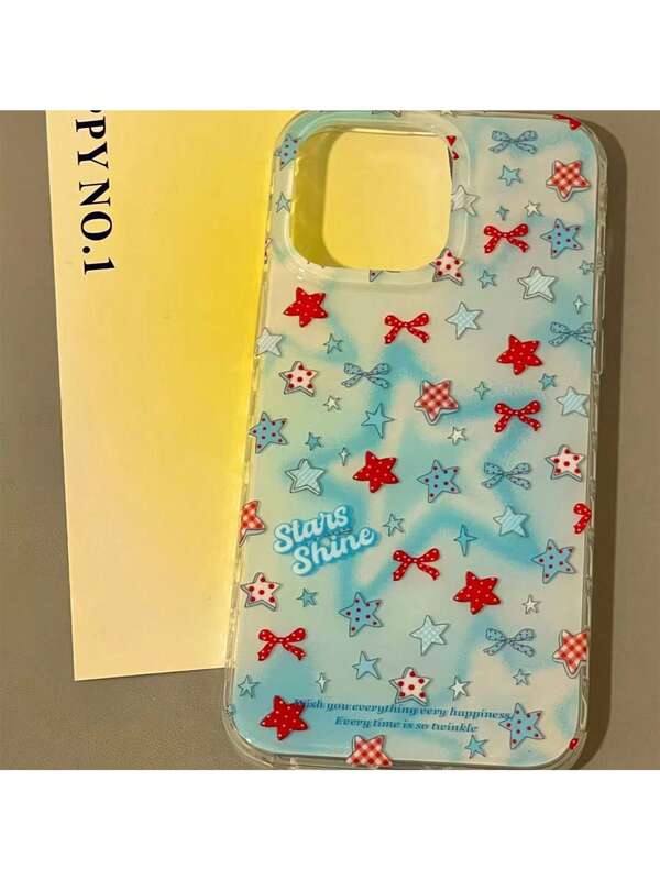 1pc New Korean Ins Style Blue Star Bow Polka Dot Minimalist Premium Phone Case For Apple 17 Pro Max, Apple 16, Apple 15 Pro, Apple 14 Plus, Apple 13, Apple 12 Pro Max, Apple 11, Anti-Drop Protective Cover, Fashion Niche Unique Business Cartoon