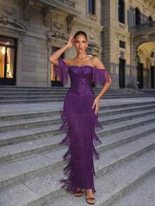 LOVE&LEMONADE Purple Off-Shoulder Sequin Tassel Long Evening Gown - Purple - View 3