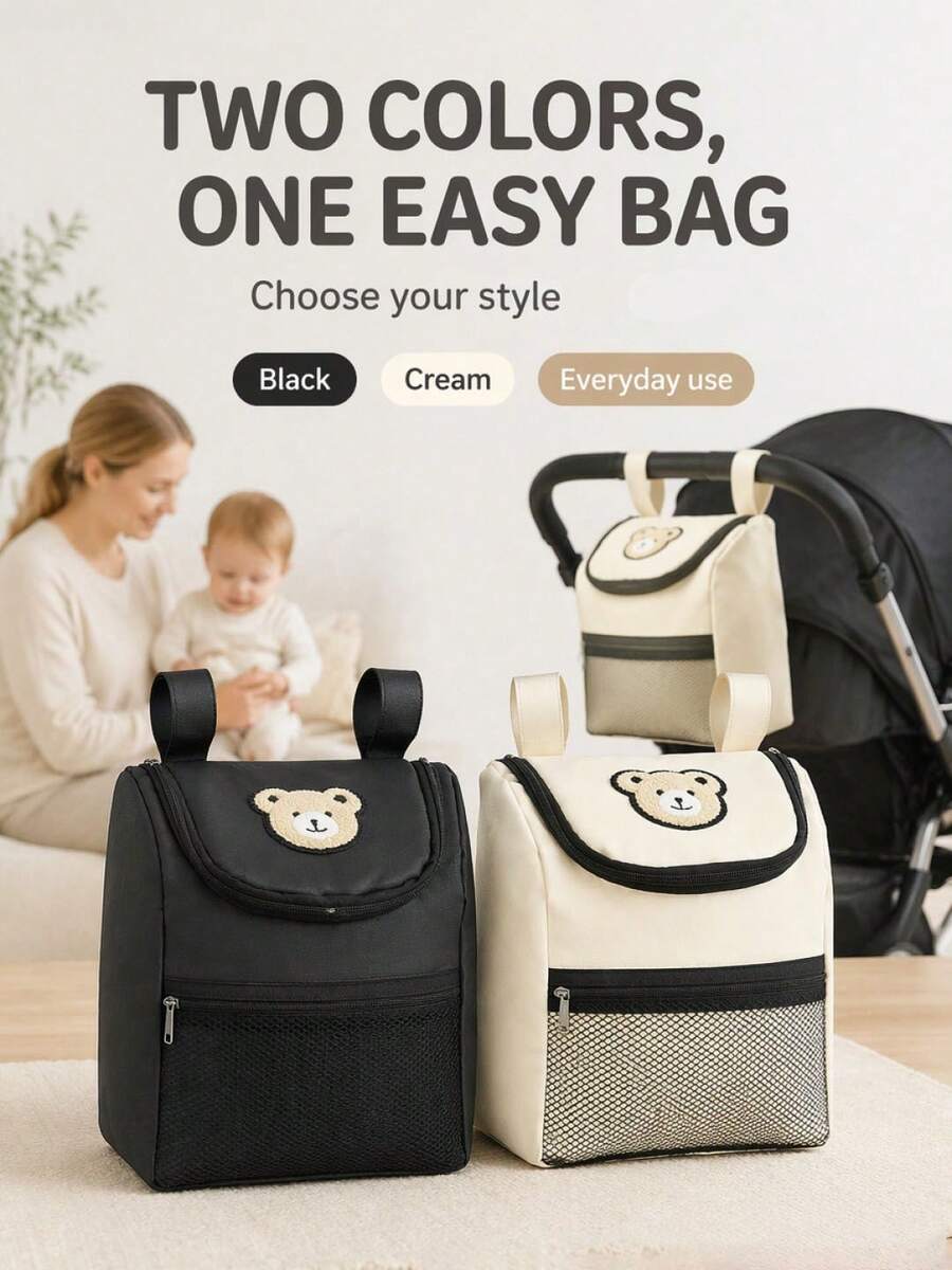 1pc Cute Bear Patch Baby Stroller Storage Bag, Multi-Function Diaper Organizer, Large Capacity Mom Essential - Multicolor - View 1