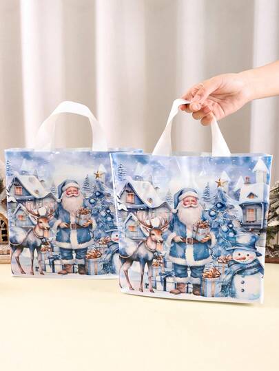 6/12pcs Christmas Plastic Tote Bags, Reusable Gift Bags With Santa Claus, Snowman & Reindeer Patterns, Shopping Bags, Blue Party Favor Bags, Holiday Winter Wonderland Theme Party, 2026 Christmas Decor, 2027 Christmas Gifts Christmas New Year Packaging Bags