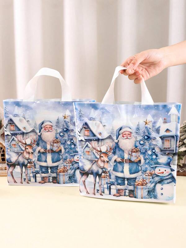 6/12pcs Christmas Plastic Tote Bags, Reusable Gift Bags With Santa Claus, Snowman & Reindeer Patterns, Shopping Bags, Blue Party Favor Bags, Holiday Winter Wonderland Theme Party, 2026 Christmas Decor, 2027 Christmas Gifts Christmas New Year Packaging Bags