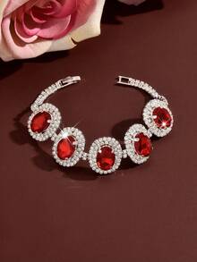 1 pieza Pulsera de cadena con strass rojo ovalado, accesorio para boda de verano, banquete, baile y aniversario - Rojo - Ver 4