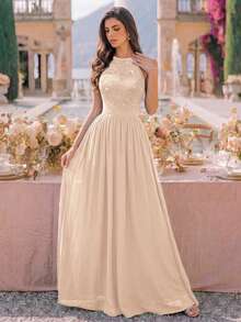 MIUSOL Sequin Floral Lace Halter Neck Sleeveless Ruched Chiffon Formal Party Long Dress, Formal Evening Gown, Suitable For Wedding Guest, Graduation Ceremony, Dinner - Champagne - View 4