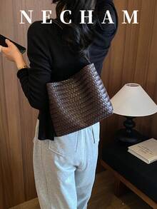 1pc Woven Vintage Solid Color Large Capacity Shoulder Bucket Bag Casual Daily Minimalist Tote Bag, Purse, For Women, Work, Quiet Luxury, Essential - Coffee Brown - View 4