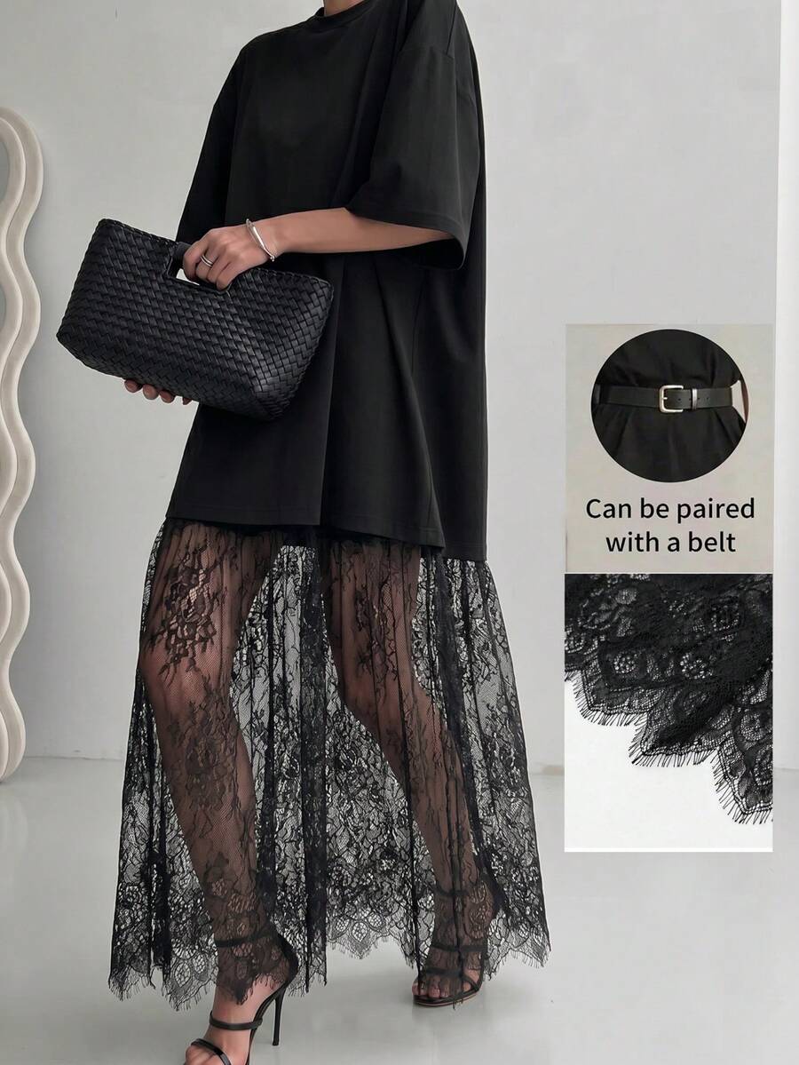 Women's Black Loose Short Sleeve Knit Dress, Lace Patchwork Mid-Length French Casual, Elegant For Dating, Vacation, Street Wear (Belt Not Included) - Black - View 1