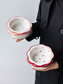1pc Wavy Ruffled Edge Red Heart Ceramic Small Bowl, Pink Dual-Tone Rim Dessert Bowl, Home Sauce Bowl, Fruit Bowl, Breakfast Yogurt Bowl - Multicolor - View 1