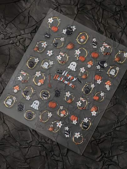 Pegatinas de uñas 5D con marco dorado, gato negro fantasma y calabaza en relieve, pegatinas de arte de uñas autoadhesivas lindas para Halloween