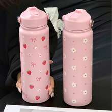 800ml Strawberry Bow Insulated Water Bottle - White Heart Design, Large Capacity For All-Day Hydration, Suitable For School Use, Lightweight And Leak-Proof, Perfect For Iced Coffee, Iced Lemon Tea And Study Drinks - Multicolor - View 3