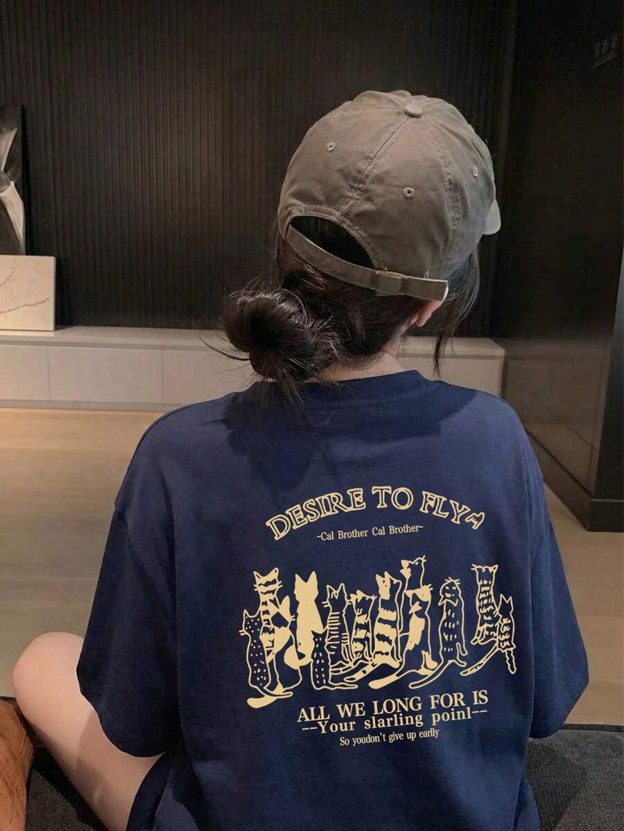 女款時尚寬鬆卡通貓字母印花短袖T恤,夏季休閒 - 深藍 - 查看 1