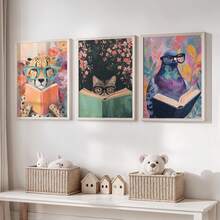 Impressões em Tela Sem Moldura 1/3 Peças de Animais Intelectuais, Pombos Fofos com Óculos, Gatos, Guepardos, Decoração de Parede Floral Vibrante para Quarto, Berçário, Estudo, Biblioteca, Fazenda - A - Visão 2