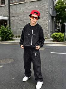 2pcs/Set Boys Crew Neck Sweatshirt & Wide Leg Pants Outfit, Minimalist Print Design, Casual Comfortable Daily Wear Set, Autumn/Winter New Arrival - Black - View 5