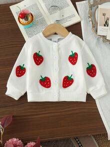 2pcs Baby Girl Preppy Strawberry 3D Embroidered Long Sleeve Knit Cardigan & Denim Mini Skirt Set, Thin For Spring/Autumn - White - View 5