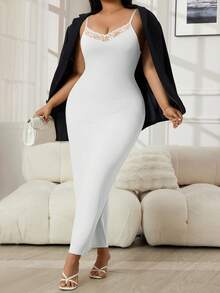 Sexy Lace Plus Size Women's Shaping Slip Dress, Opaque, Adjustable Shoulder Straps, Spaghetti Strap, Comfortable High Elasticity Slip (Light Shaping) - White - View 5