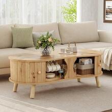Pea-Shaped Coffee Table With Grooved Design, 2 Sliding Doors, Living Room Table, Wood Look, Solid Wood Legs, MDF Material - Natural Color - View 2